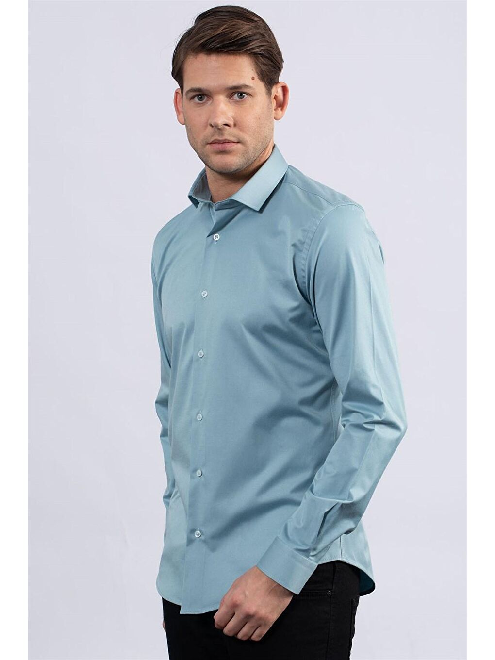 Slim Fit Elastanlı Düz Pamuk Saten Erkek Mavi Gömlek-1
