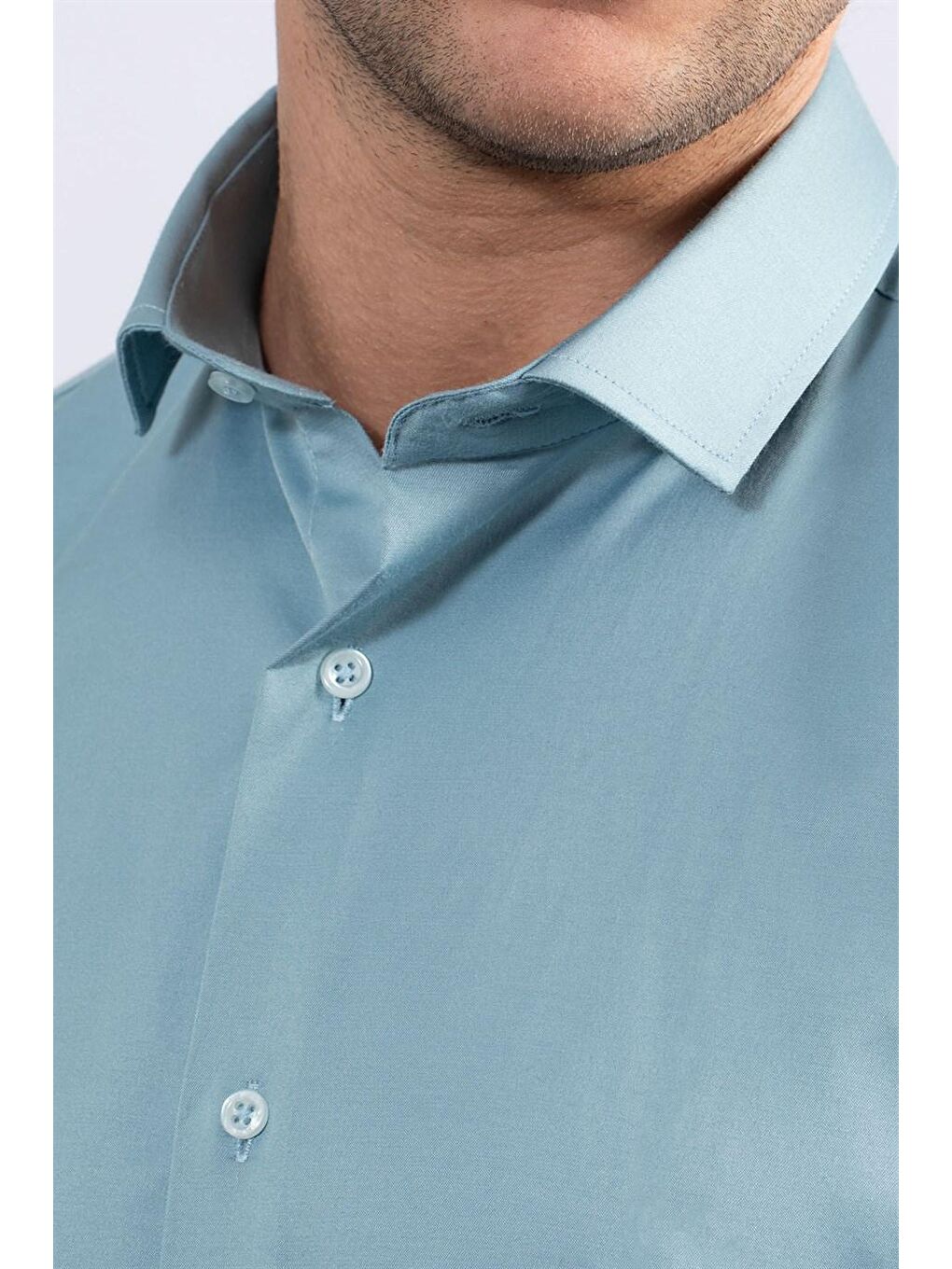 Slim Fit Elastanlı Düz Pamuk Saten Erkek Mavi Gömlek-2