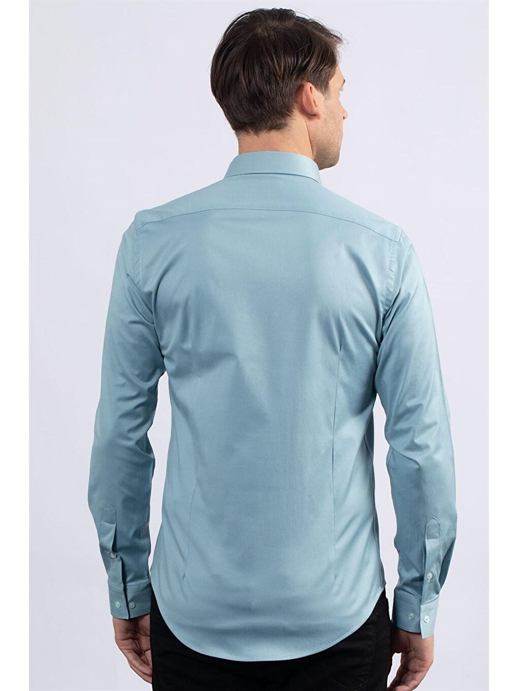 Slim Fit Elastanlı Düz Pamuk Saten Erkek Mavi Gömlek-3