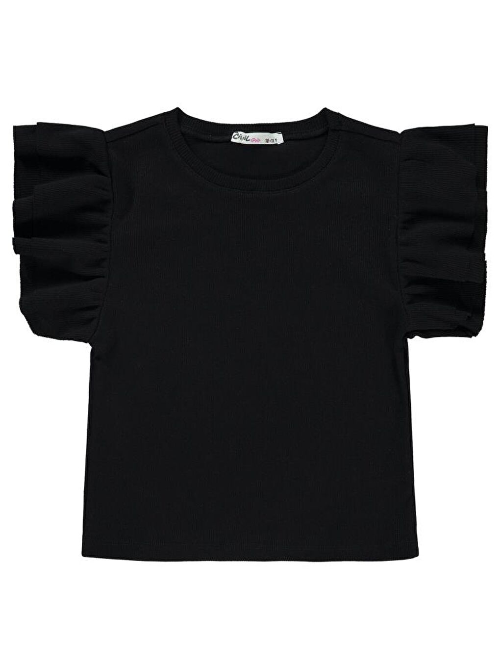 Girls Volan Kollu 10-13 Yaş Tişört - Siyah 11-12 Yaş