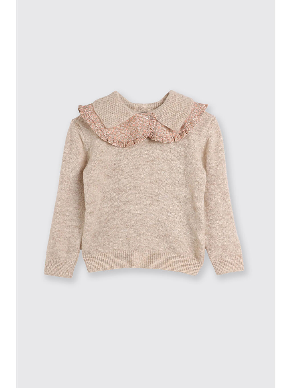 Kız Çocuk Çıkarılabilir Yaka Detaylı Bej-Melanj Triko-1