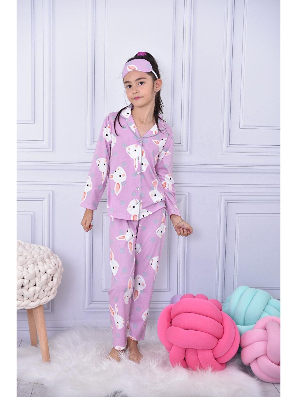 Pijakids Koyu Pembe Tavşanlı Puantiyeli Kız Çocuk Pijama Takımı 17088