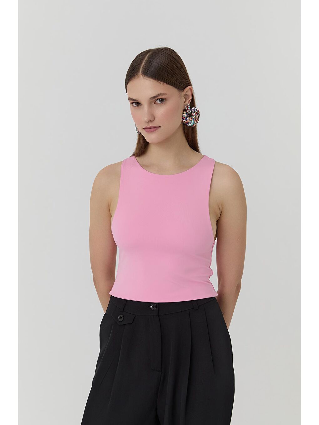 QUZU Pembe Bisiklet Yaka Askılı Crop Bluz Pembe - 3