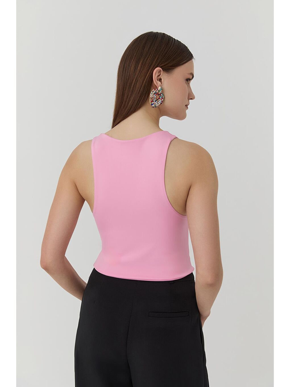 QUZU Pembe Bisiklet Yaka Askılı Crop Bluz Pembe - 4