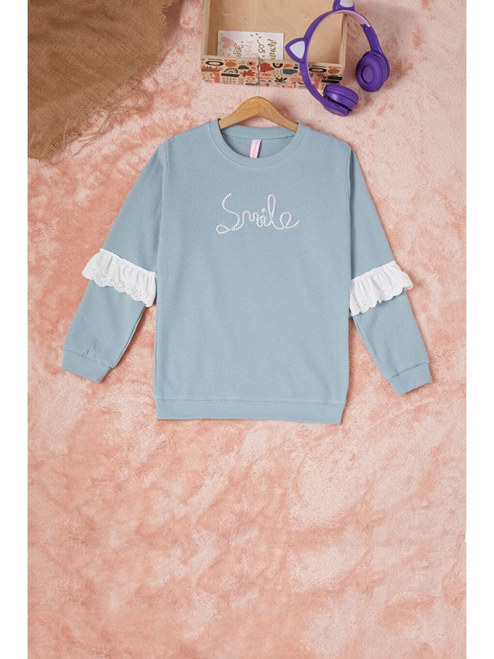 Pembe Life Kids Club Açık Su Mavisi Yeşil Smile Nakışlı Kız Çocuk Waffle Sweatshirt 16594