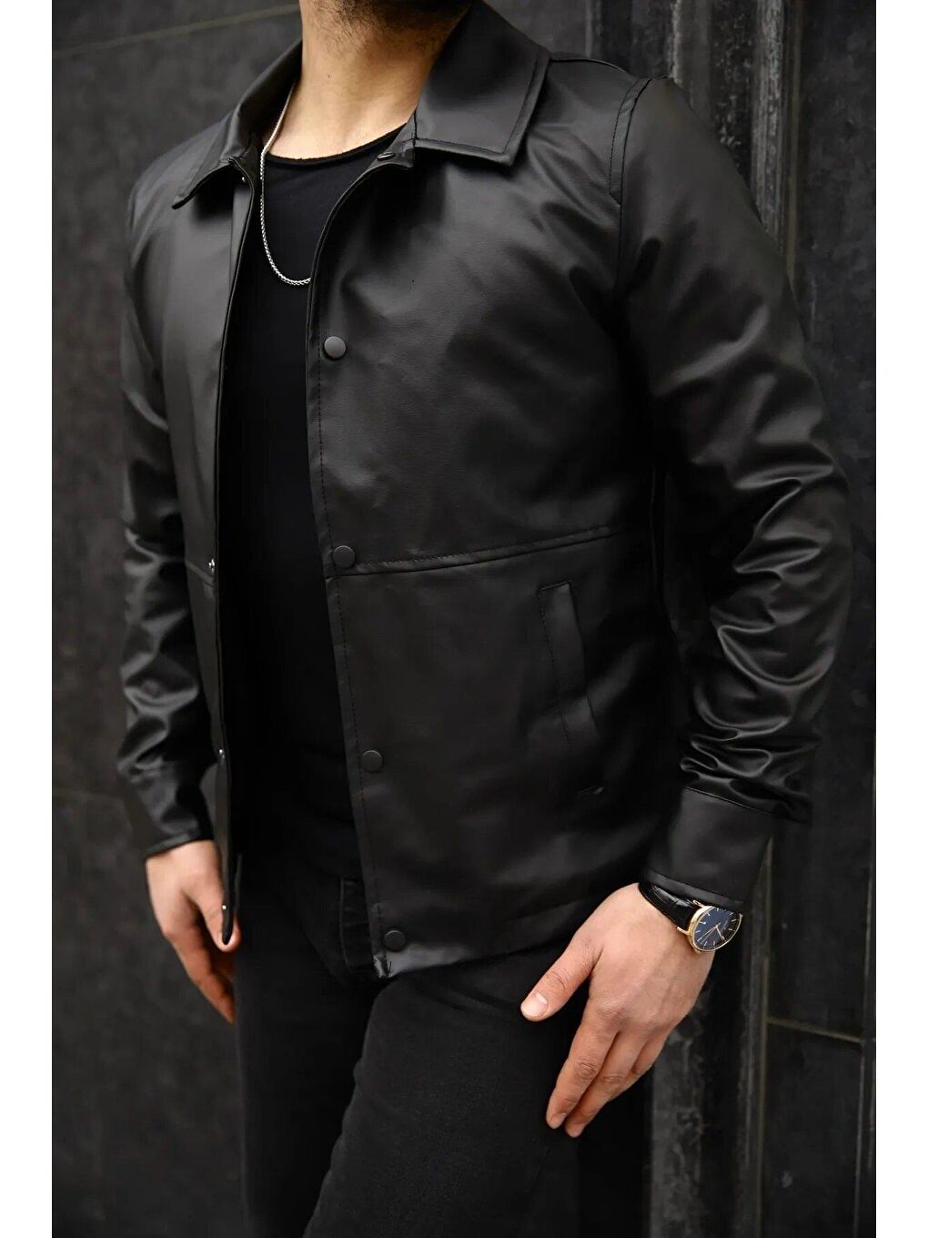 Erkek Siyah Suni Deri Ceket-3