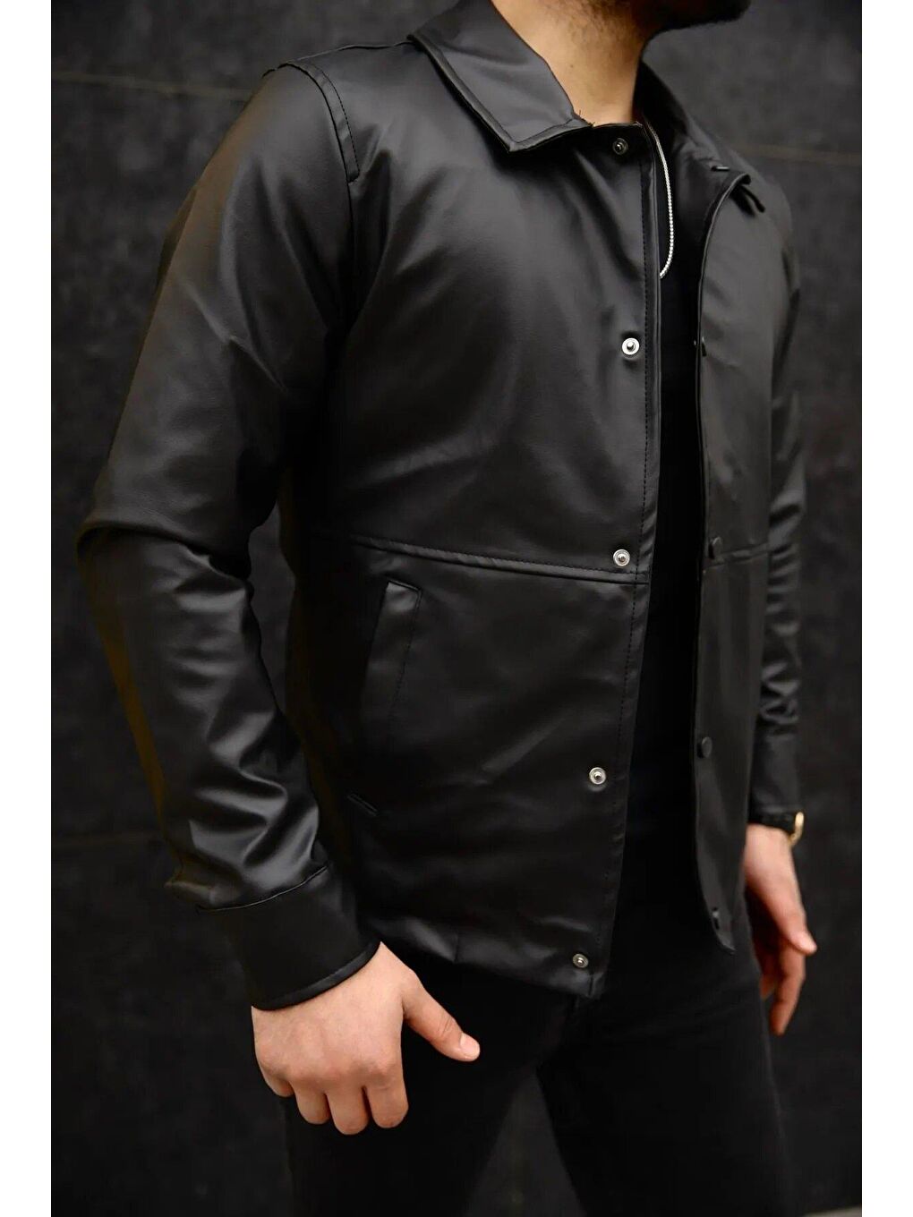 Erkek Siyah Suni Deri Ceket-4