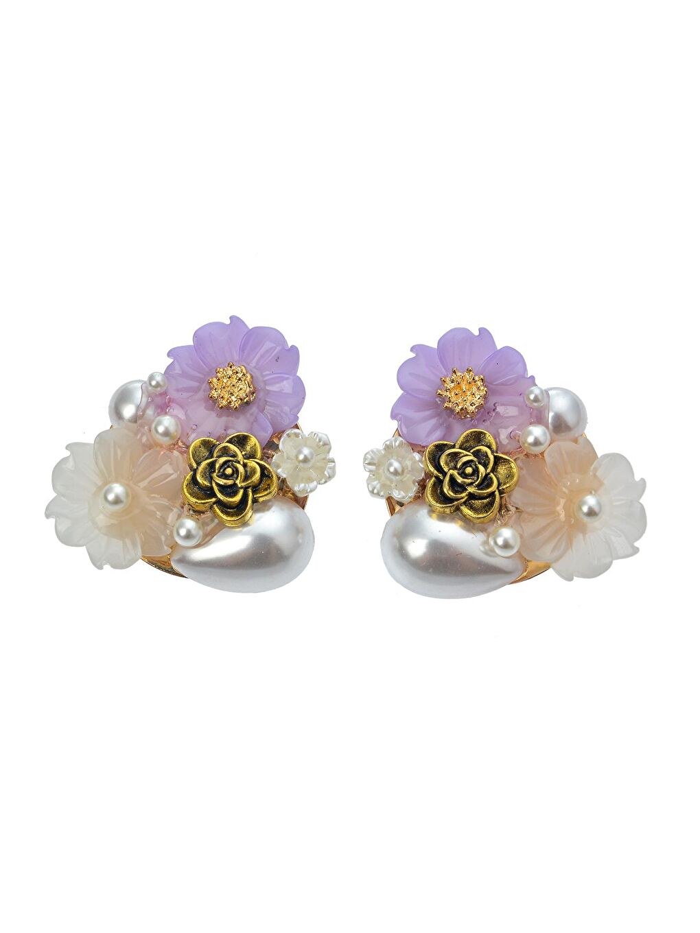 Karışık Mor Çiçekli İncili Küpe