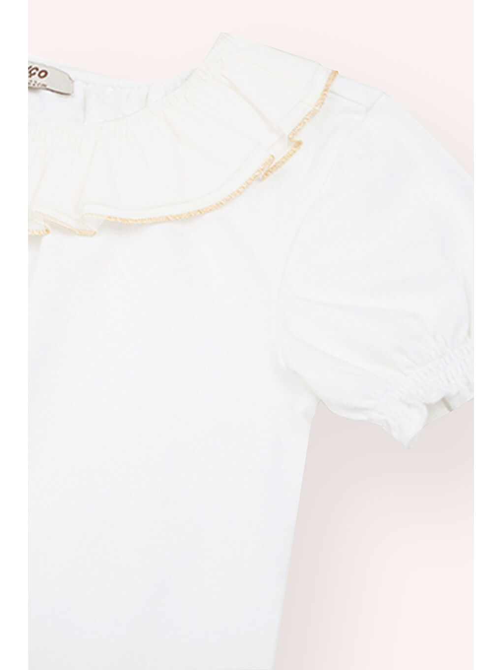 Kız Çocuk Ekru Yakası Fırfır Detaylı Tişört-1