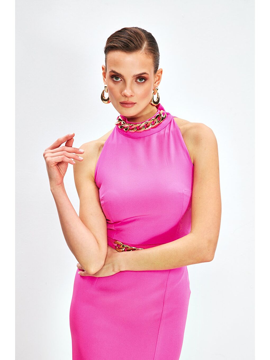 Zincir Aksesuarlı Crop Bluz - Fuşya