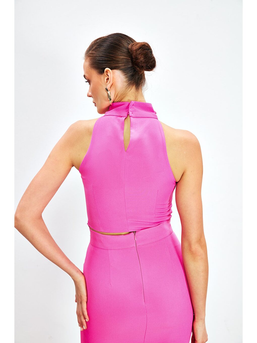 Zincir Aksesuarlı Crop Bluz - Fuşya-3