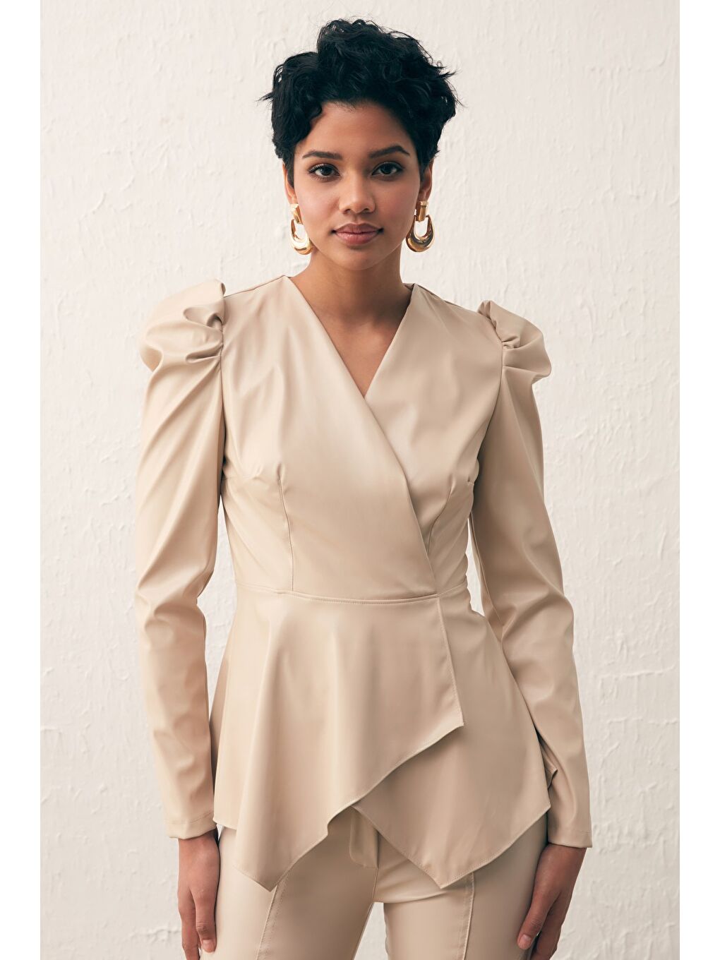 Bej Kruvaze Deri Bluz - Taş