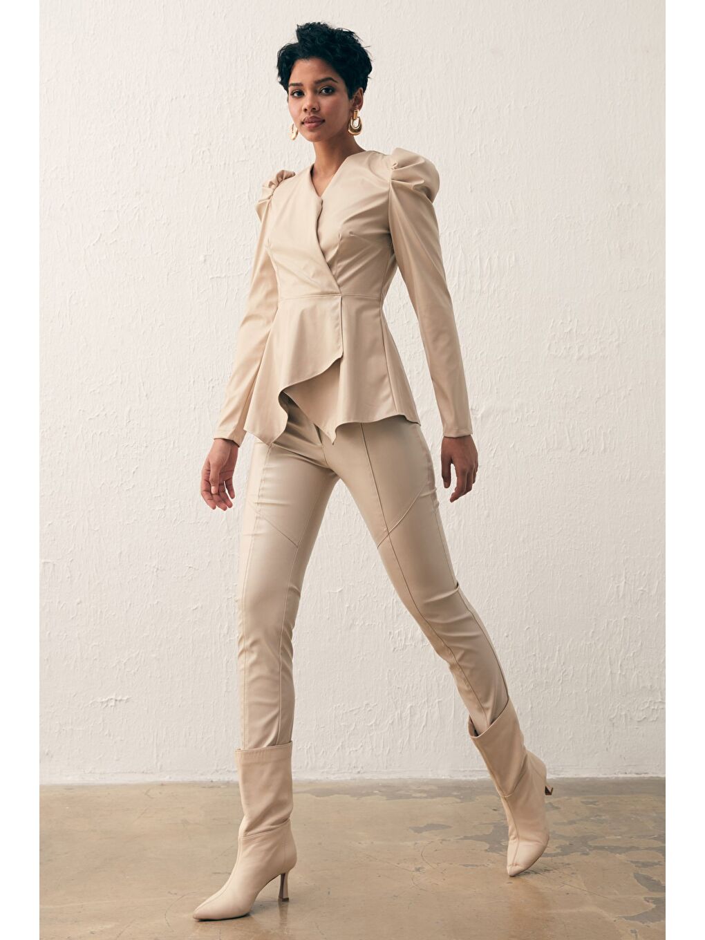 Bej Kruvaze Deri Bluz - Taş-1