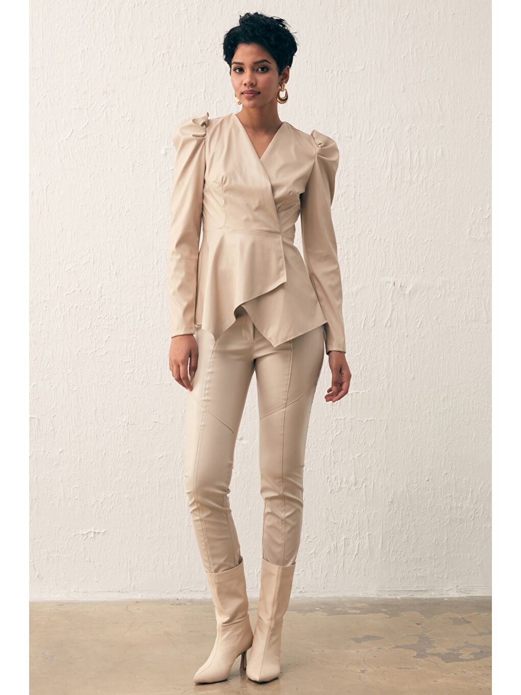 Bej Kruvaze Deri Bluz - Taş-2