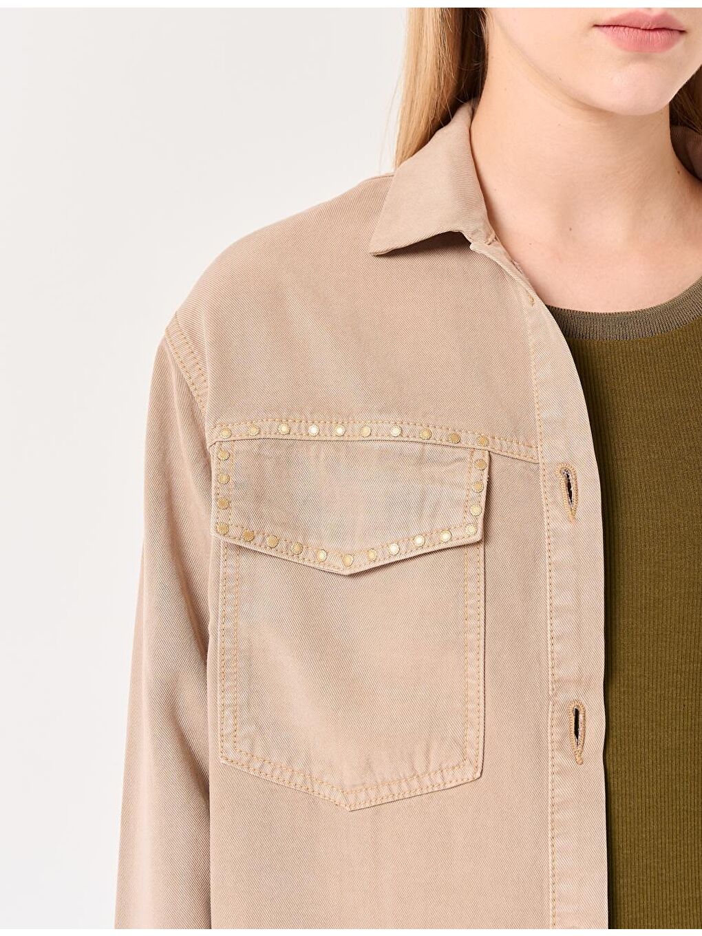 Bej Vizon Uzun Kollu Düğmeli Denim Ceket-1