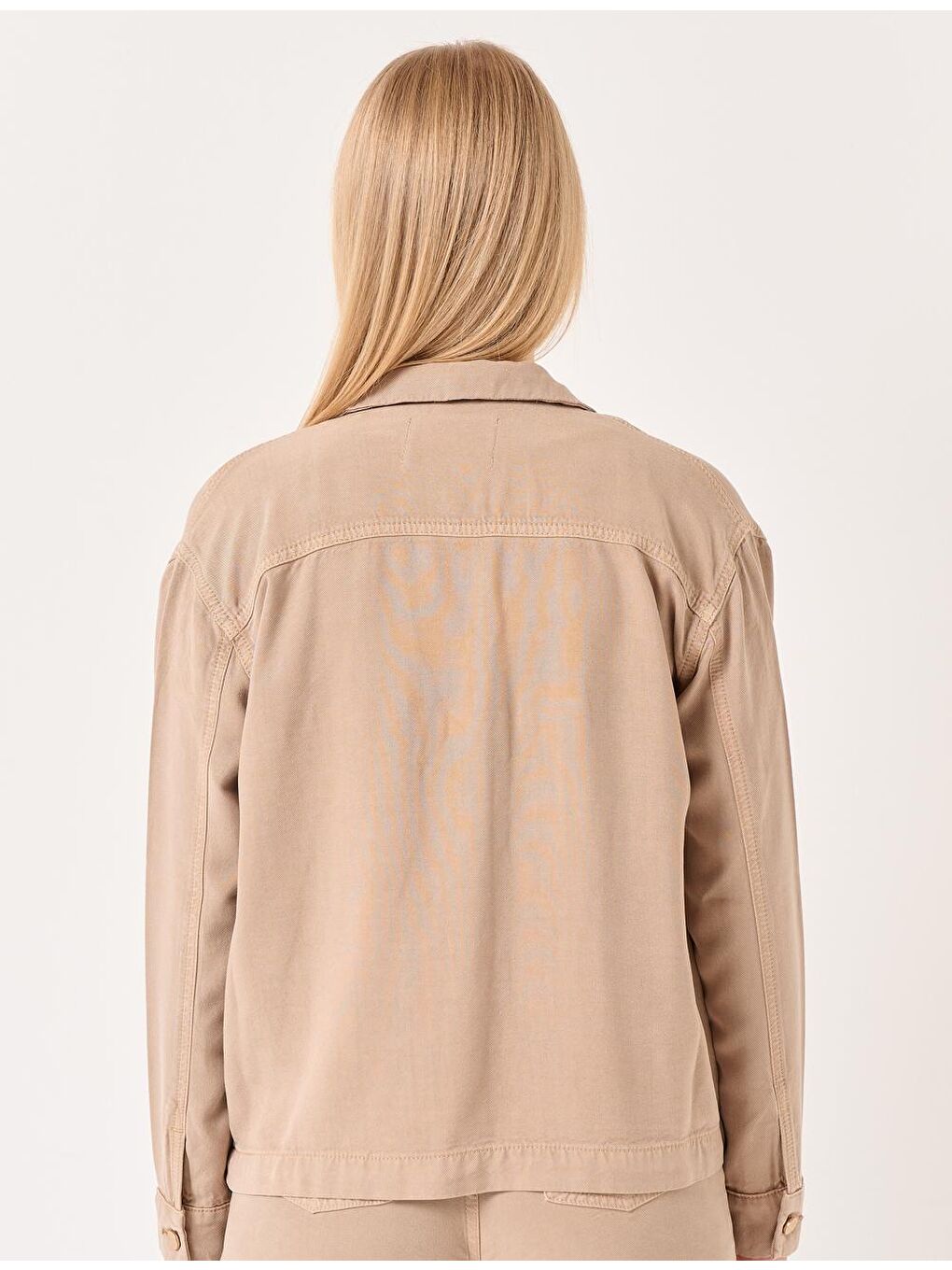 Bej Vizon Uzun Kollu Düğmeli Denim Ceket-4