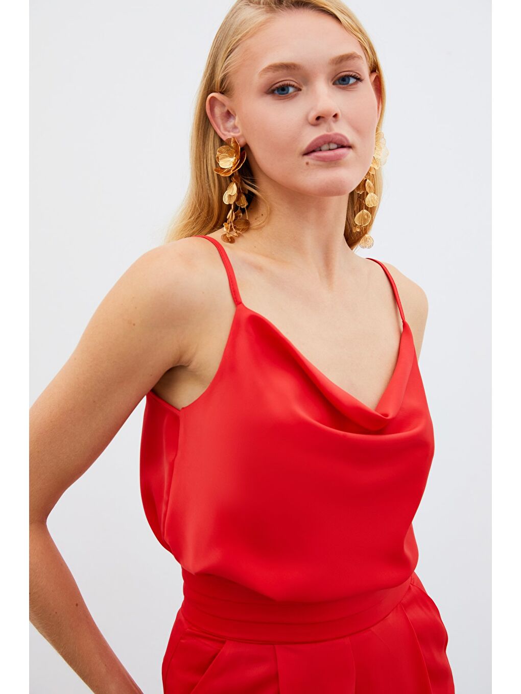 SATEEN Degaje Yaka Saten Bluz - Mercan - 1