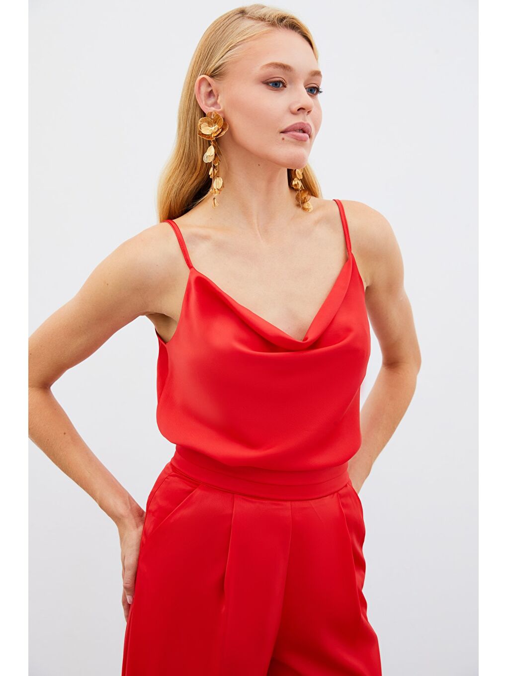 SATEEN Degaje Yaka Saten Bluz - Mercan - 2