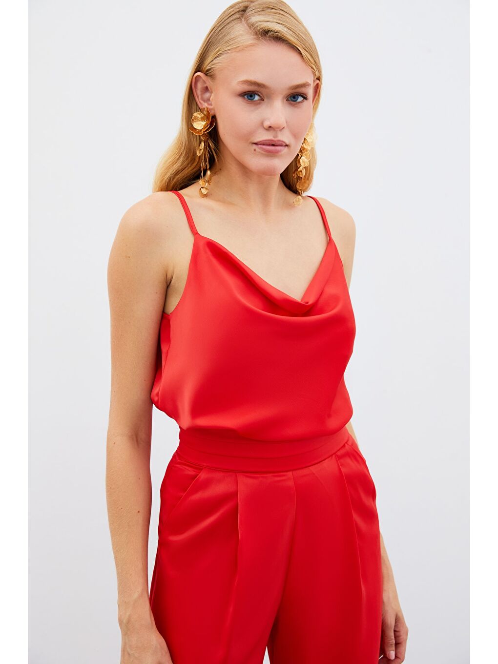 SATEEN Degaje Yaka Saten Bluz - Mercan - 3