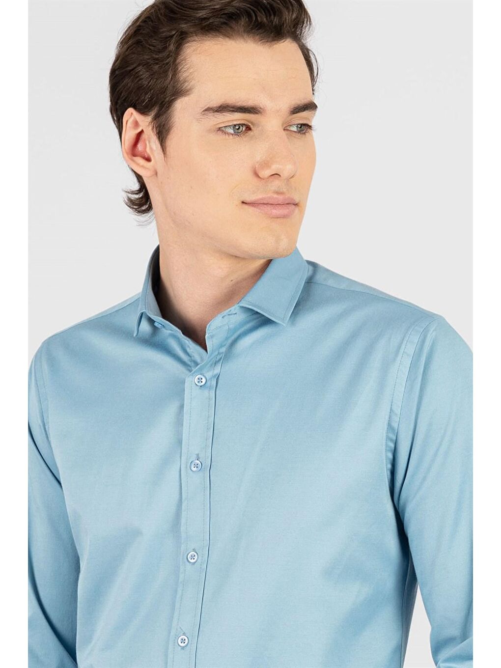 Slim Fit Elastanlı Düz Pamuk Saten Erkek Mavi Gömlek