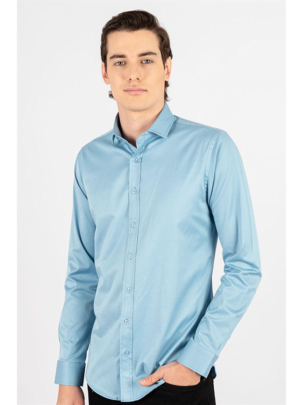Slim Fit Elastanlı Düz Pamuk Saten Erkek Mavi Gömlek-1