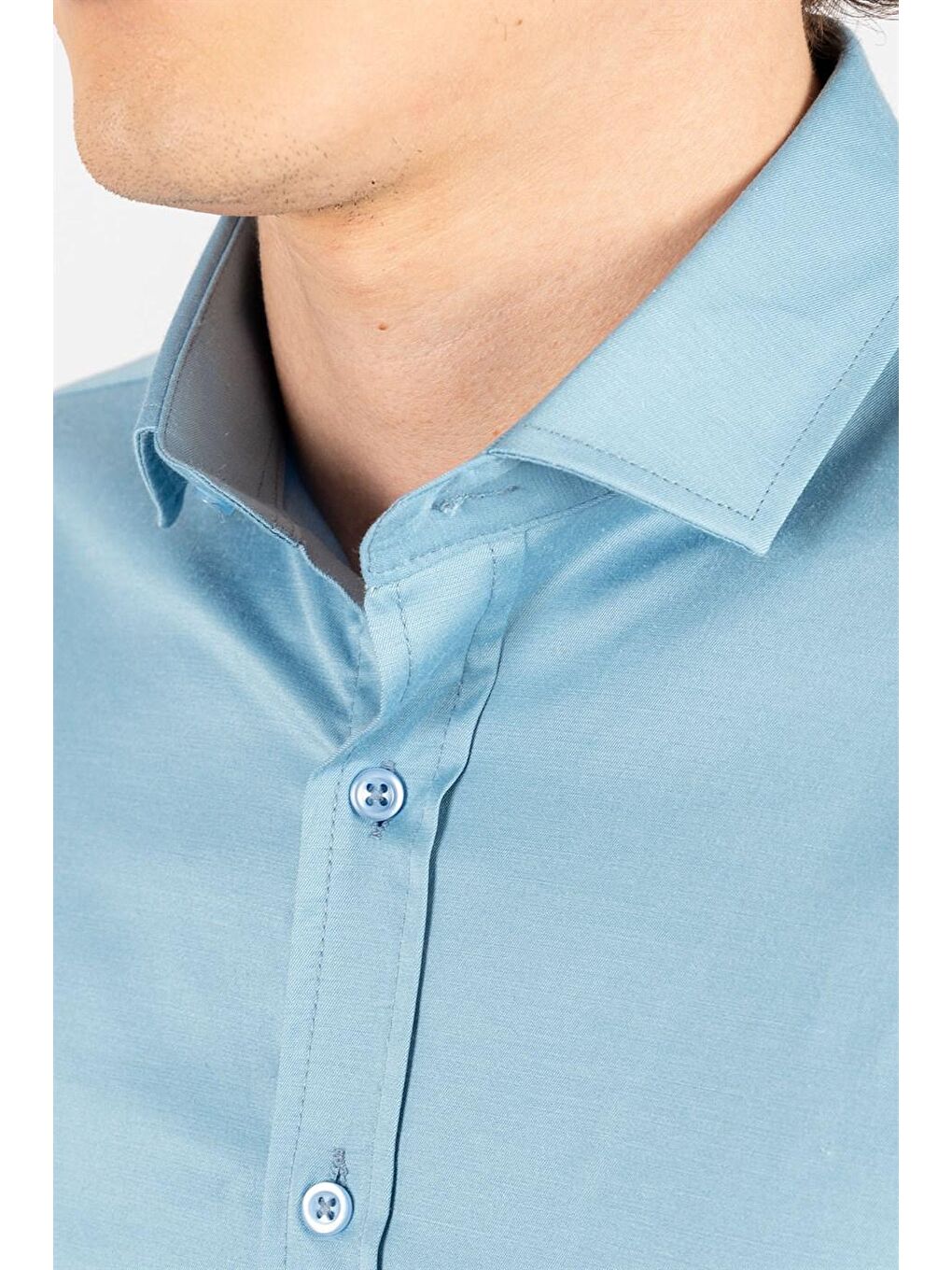 Slim Fit Elastanlı Düz Pamuk Saten Erkek Mavi Gömlek-2