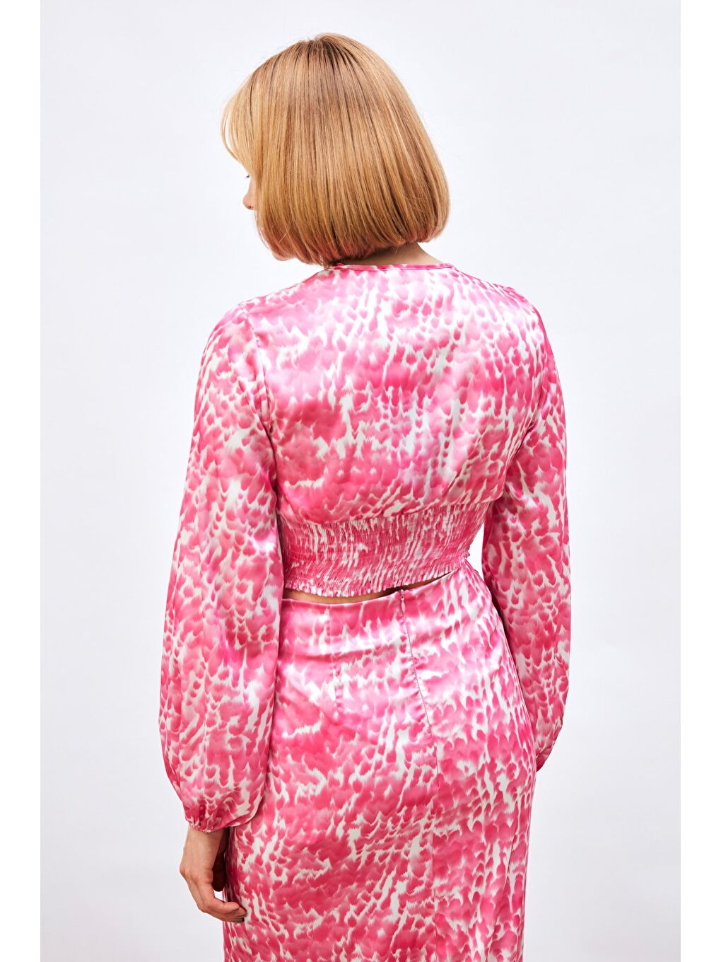 Düğüm Detaylı Desenli Bluz - Pembe-5