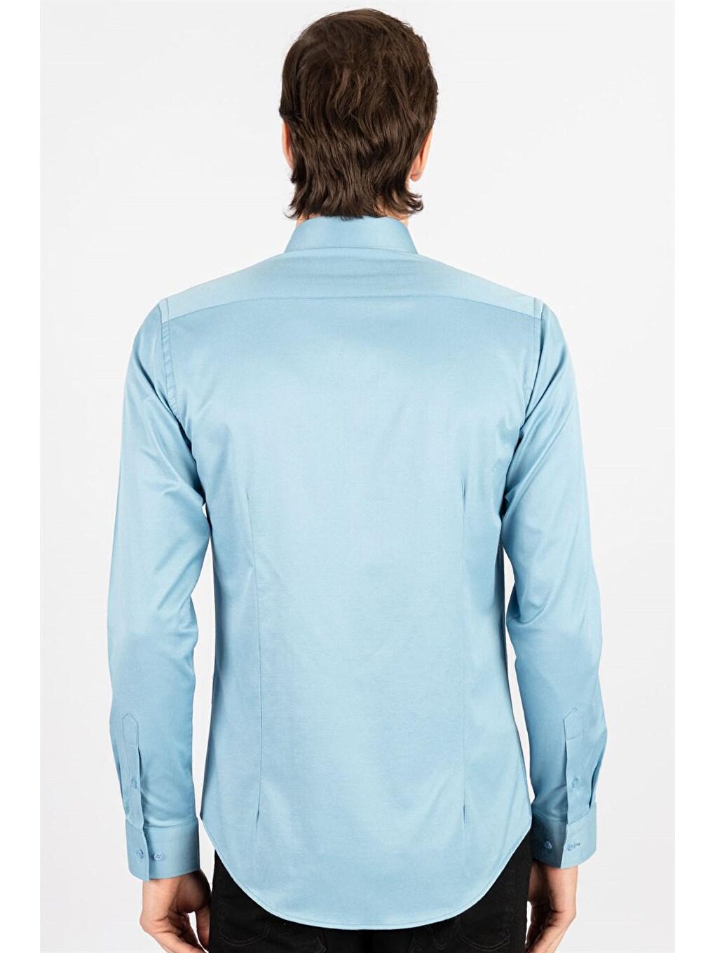 Slim Fit Elastanlı Düz Pamuk Saten Erkek Mavi Gömlek-3