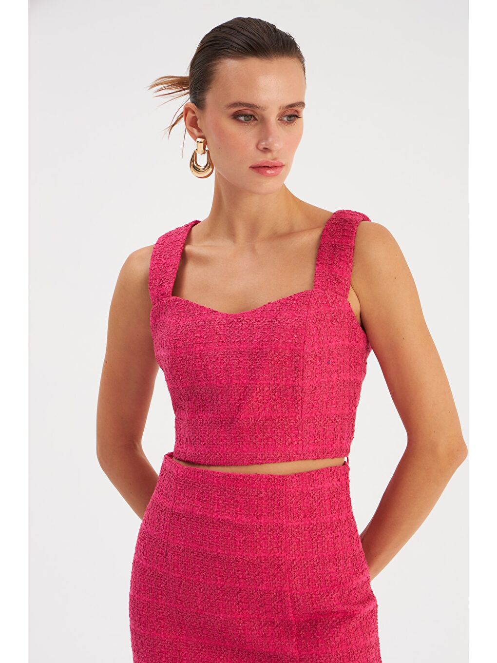 Askılı Tüvit Crop Bluz - Fuşya
