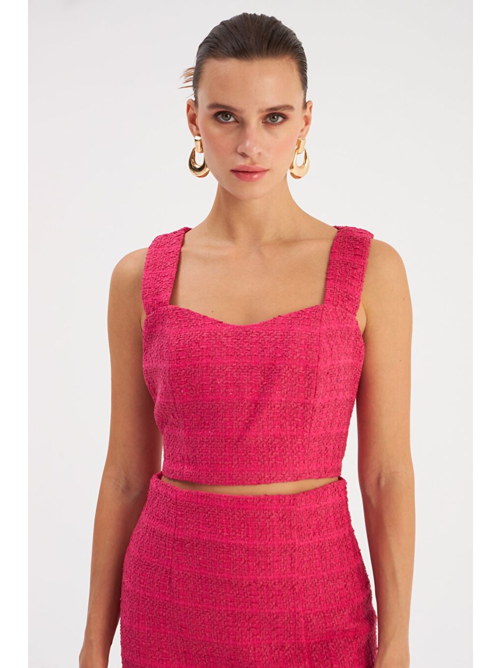 Askılı Tüvit Crop Bluz - Fuşya-1
