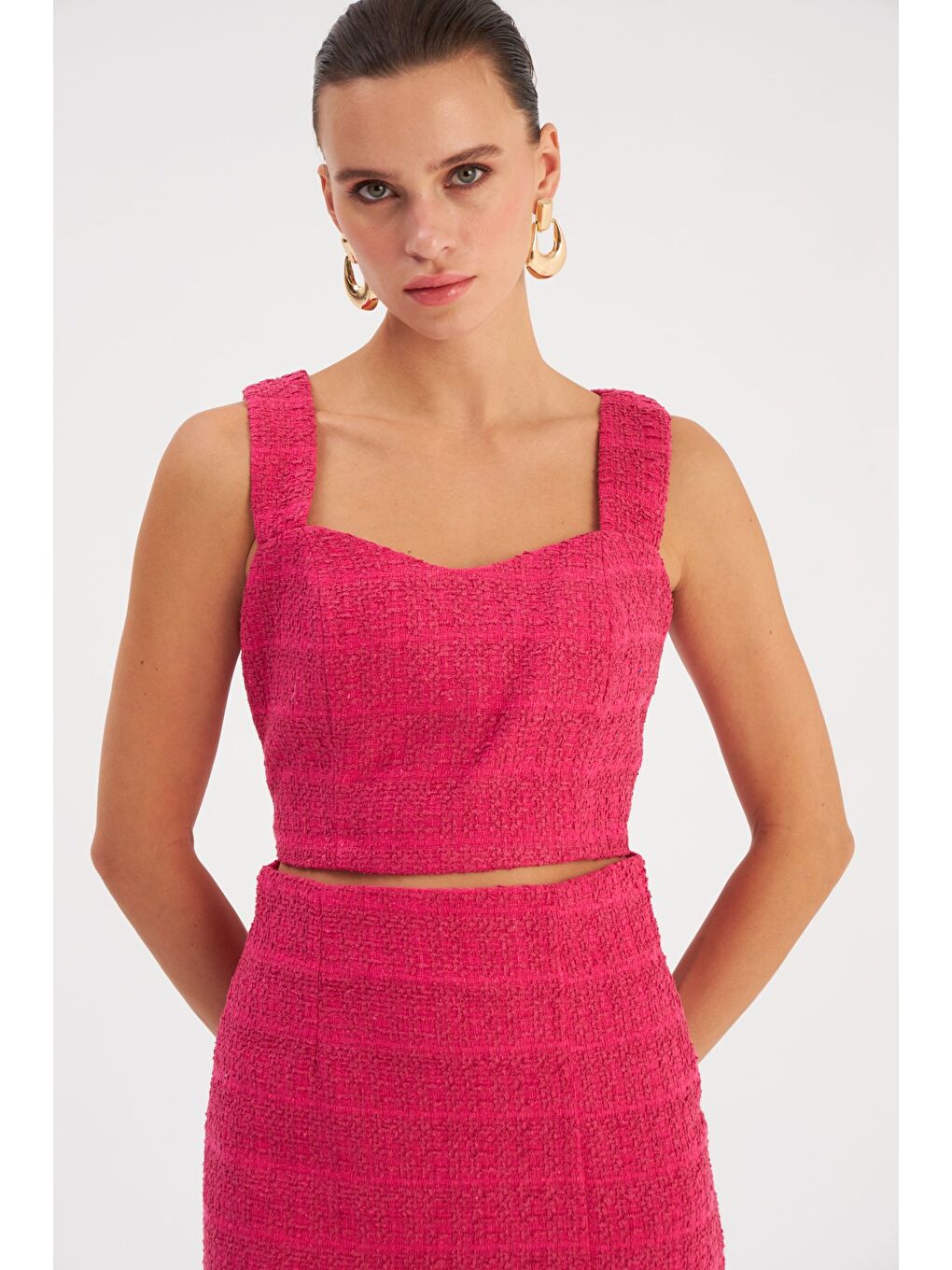 Askılı Tüvit Crop Bluz - Fuşya-2
