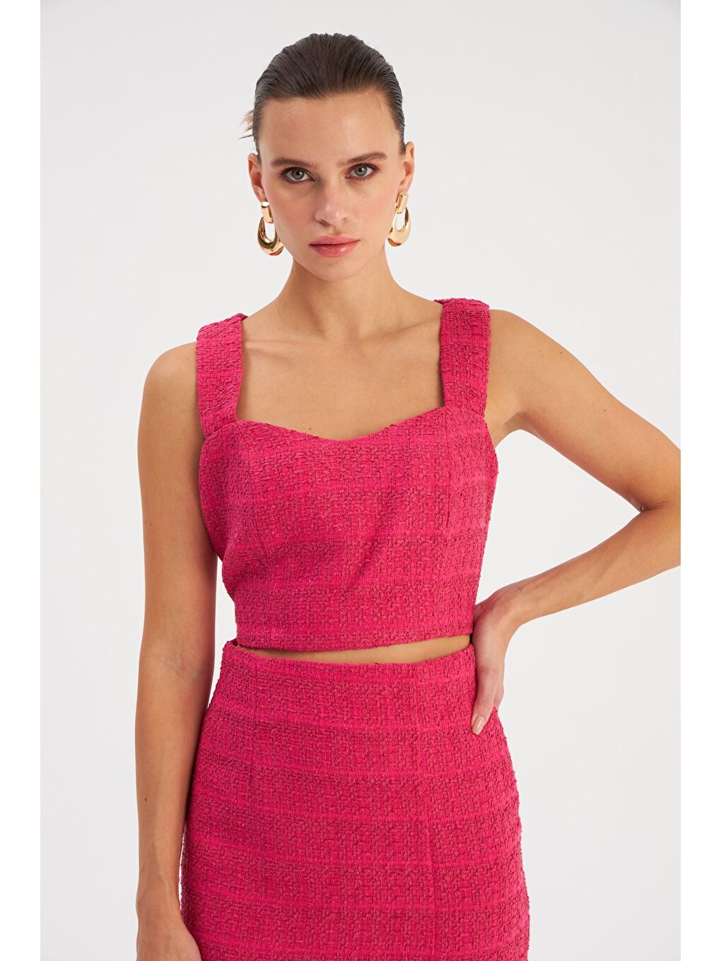 Askılı Tüvit Crop Bluz - Fuşya-3
