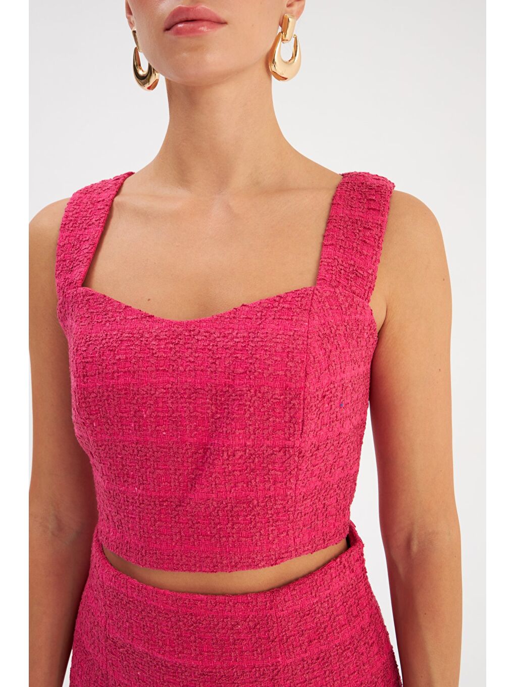 Askılı Tüvit Crop Bluz - Fuşya-4