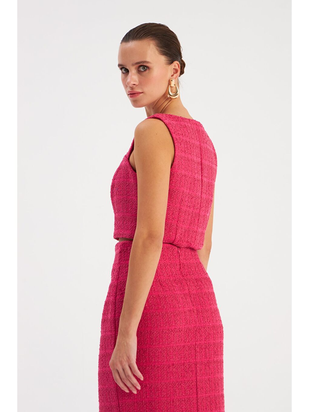 Askılı Tüvit Crop Bluz - Fuşya-5