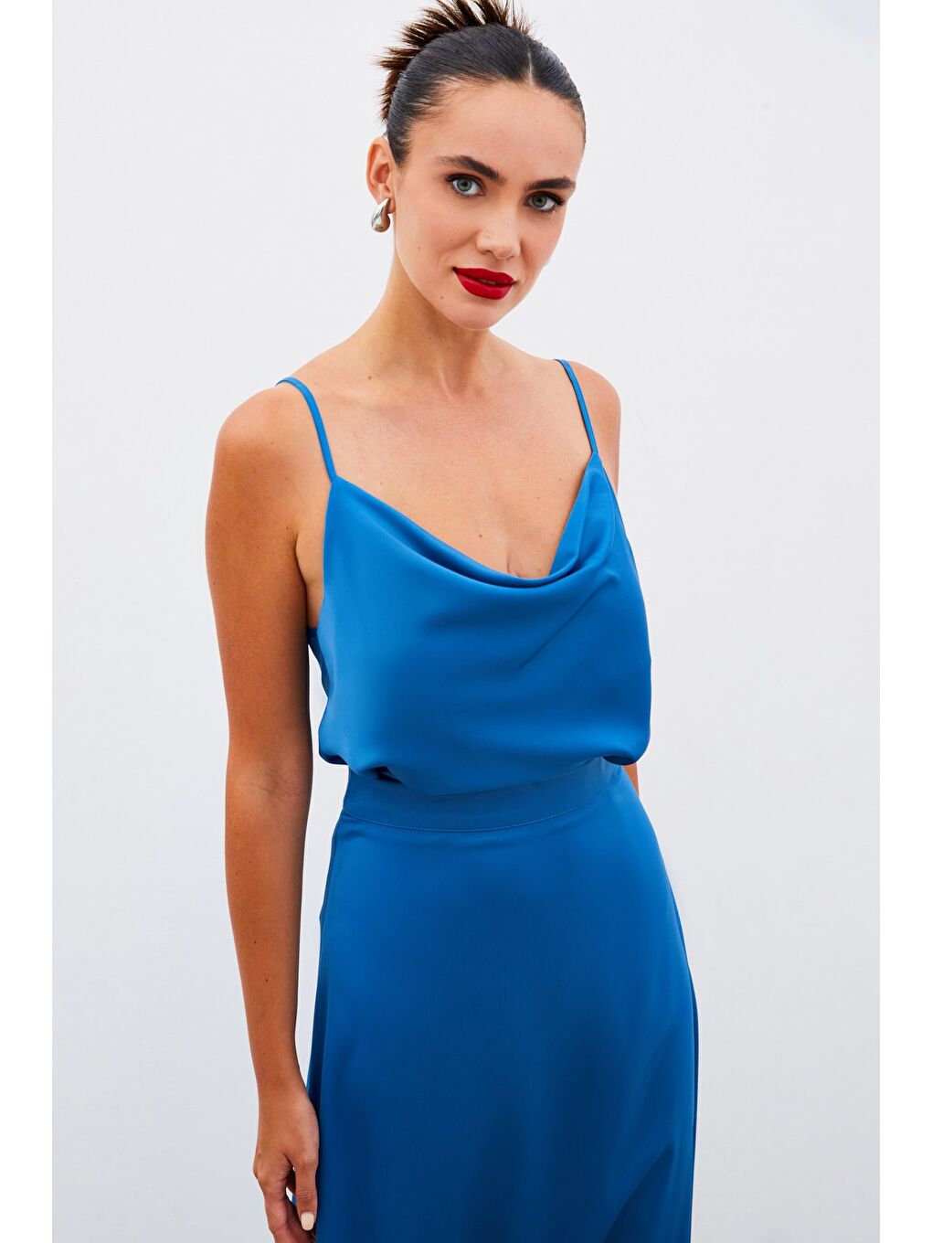 Degaje Yaka Saten Bluz - İndigo-1