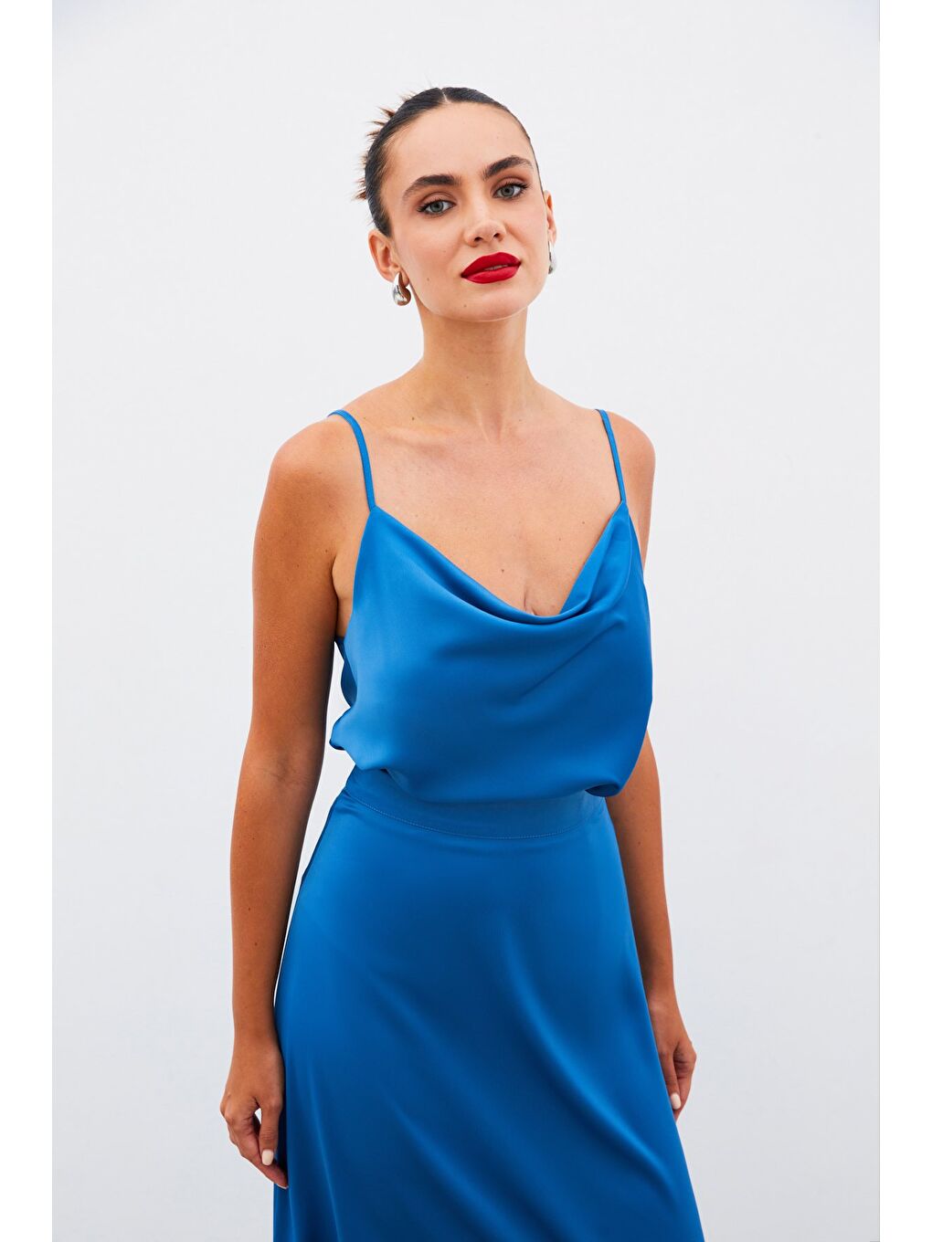 Degaje Yaka Saten Bluz - İndigo-2