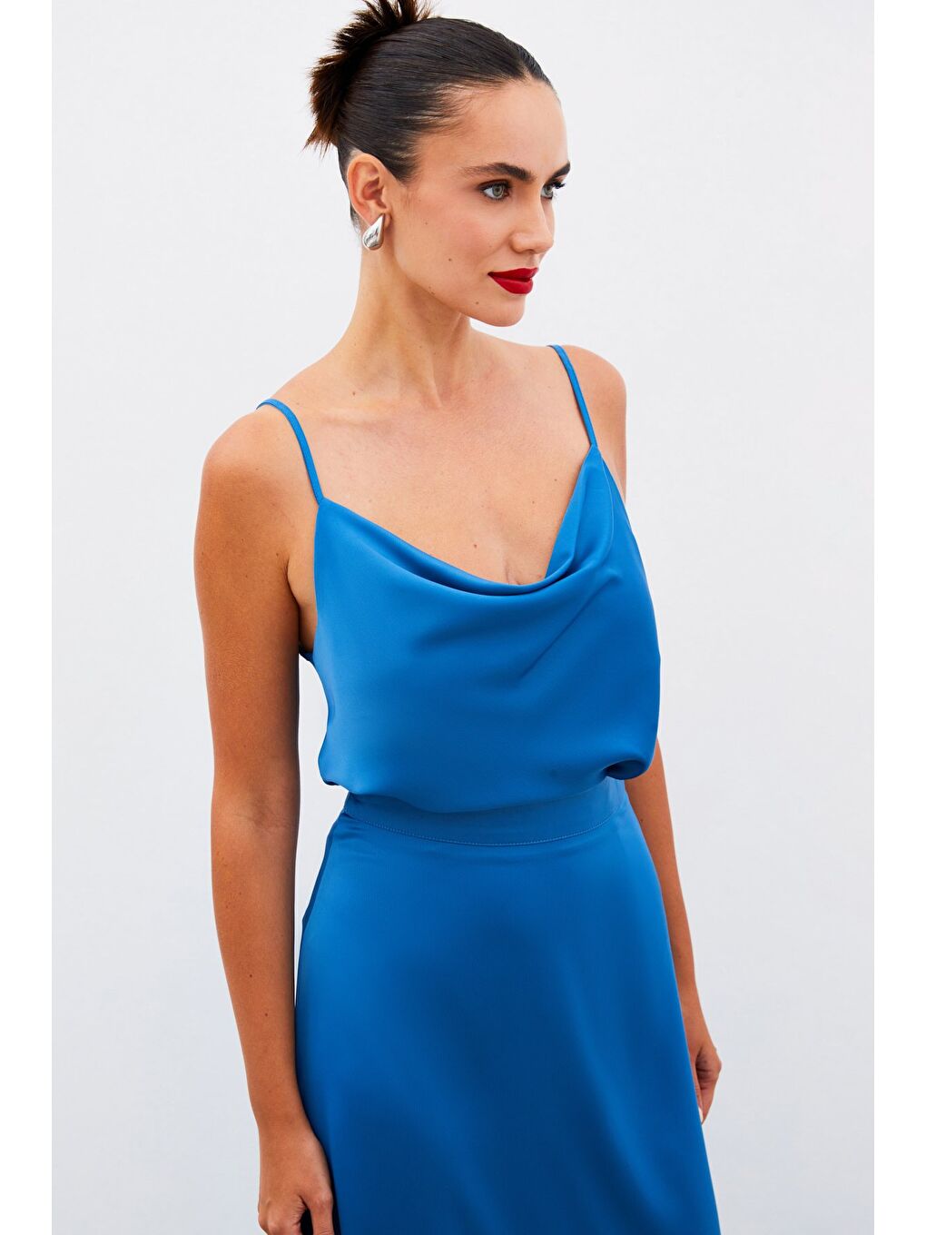 Degaje Yaka Saten Bluz - İndigo-3