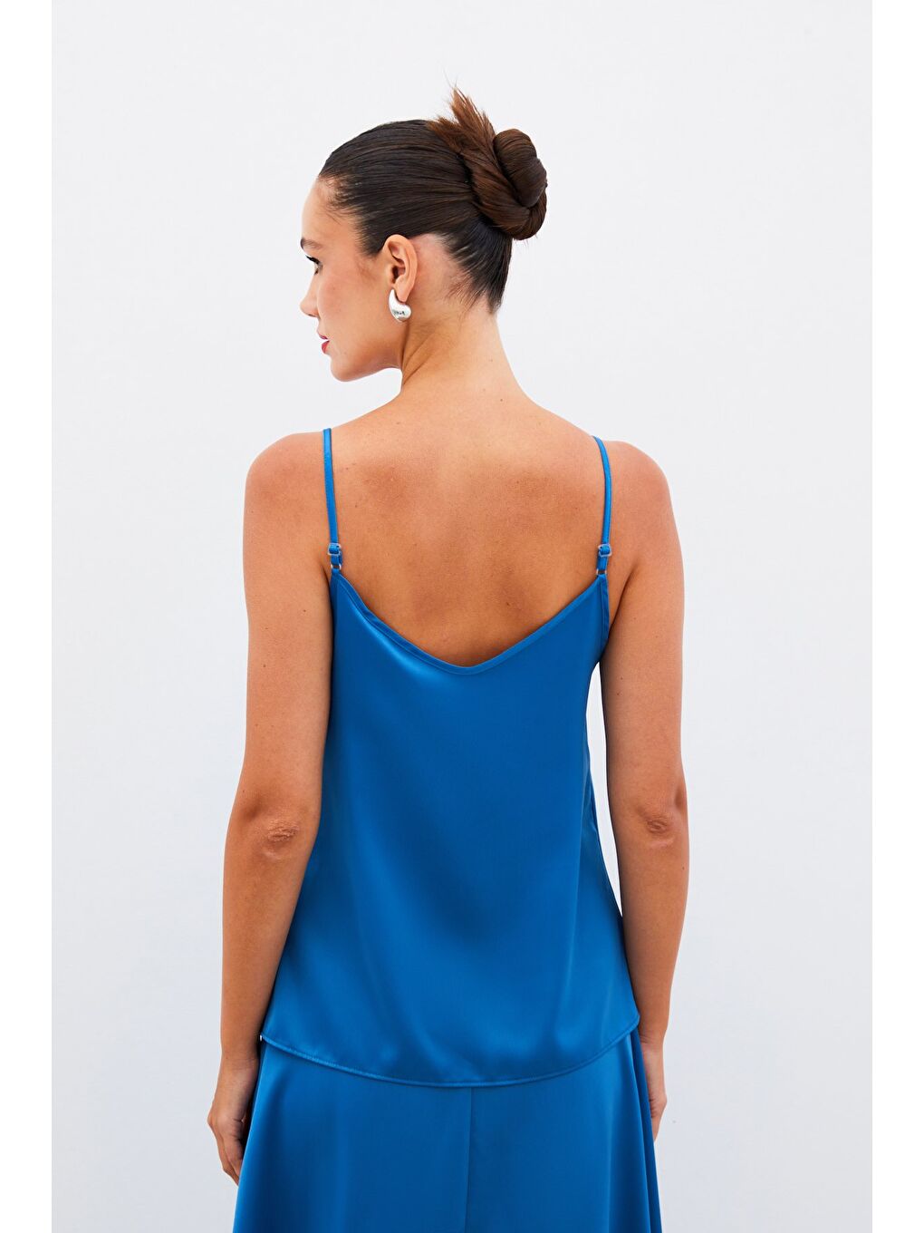 Degaje Yaka Saten Bluz - İndigo-4