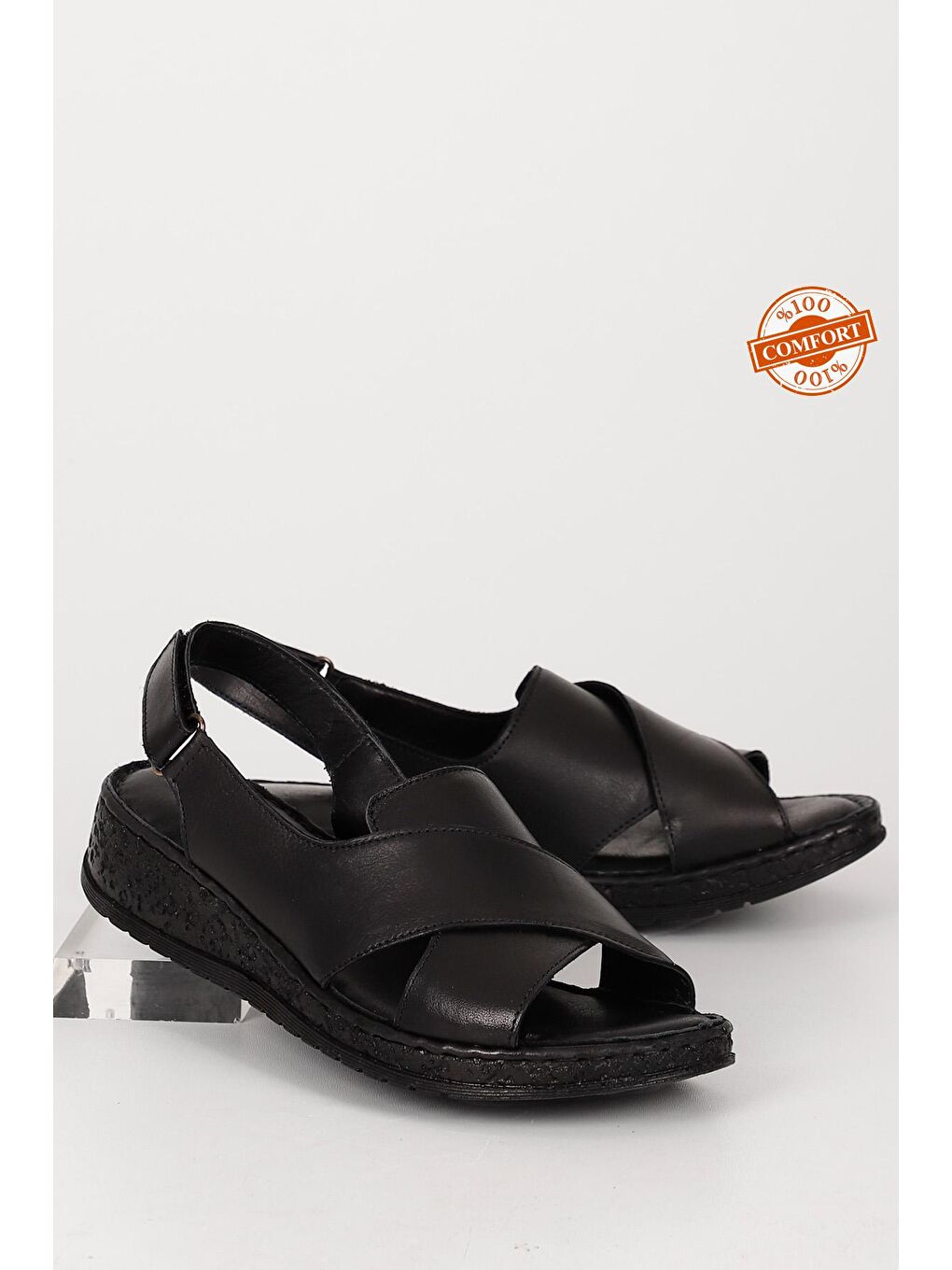 Siyah Hakiki Deri Dolgu Taban Sandalet 45836