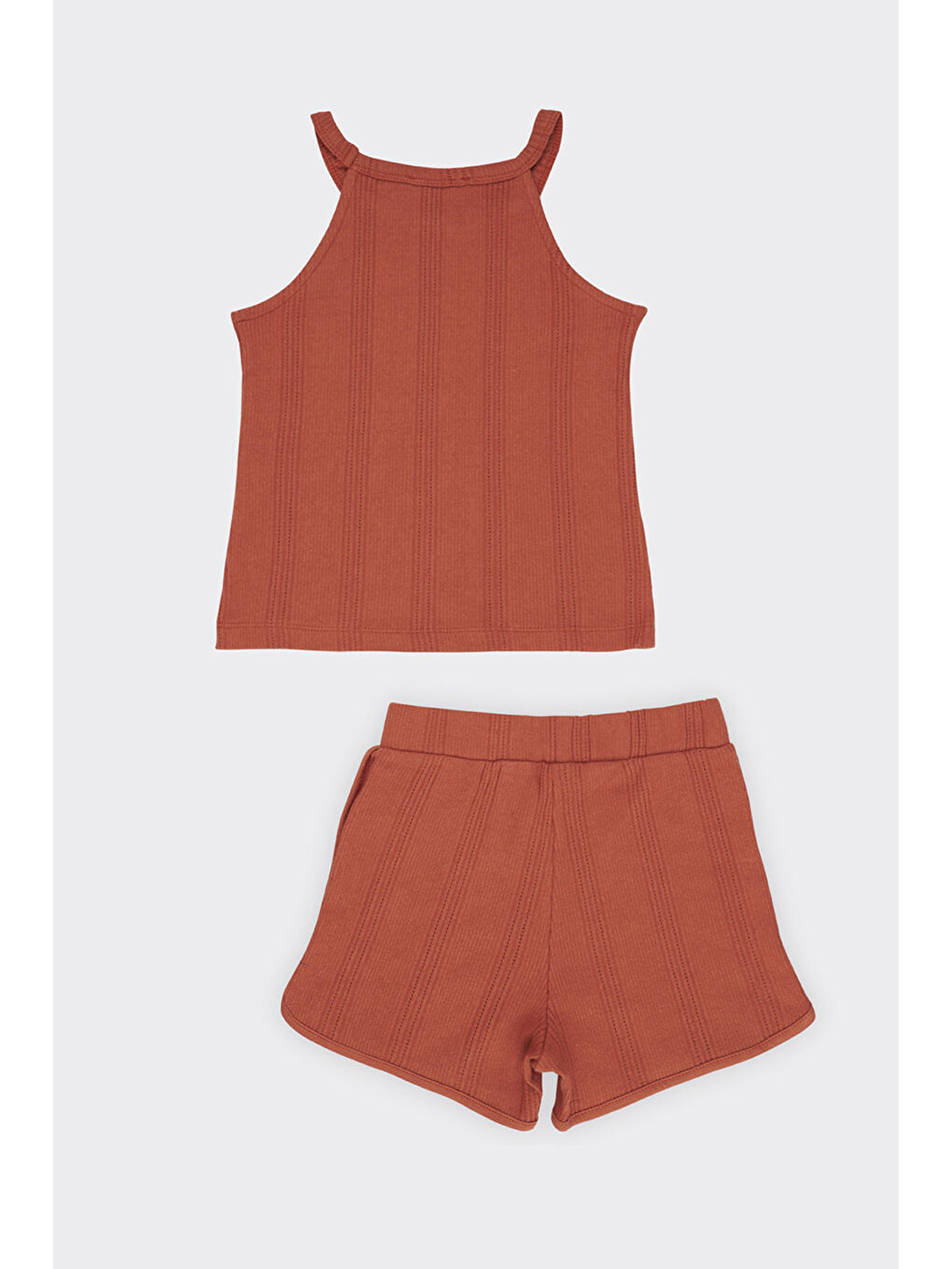 Kahverengi Kız Çocuk Dokulu Örme Kiremit Triko Takım-1