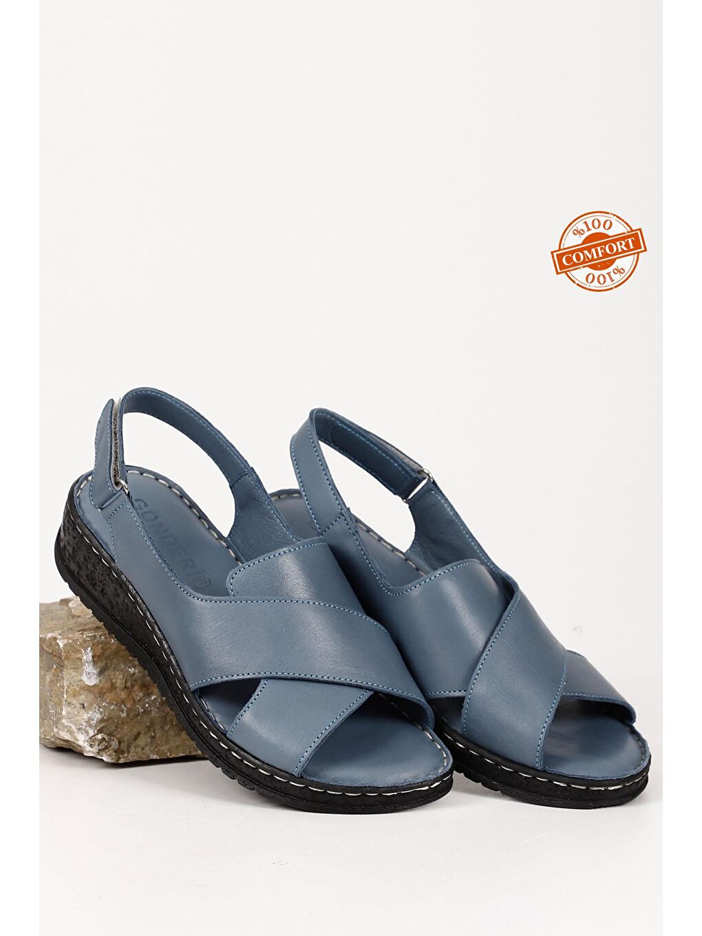 Mavi Hakiki Deri Dolgu Taban Sandalet 45836-1
