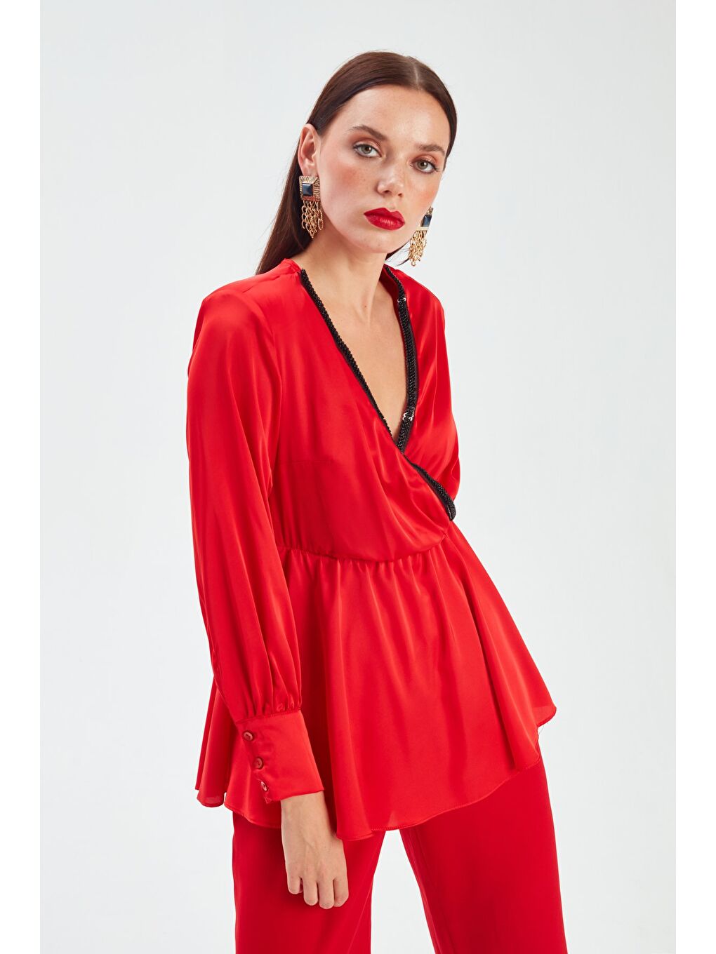 Yaka Detaylı Kruvaze Bluz - Kırmızı