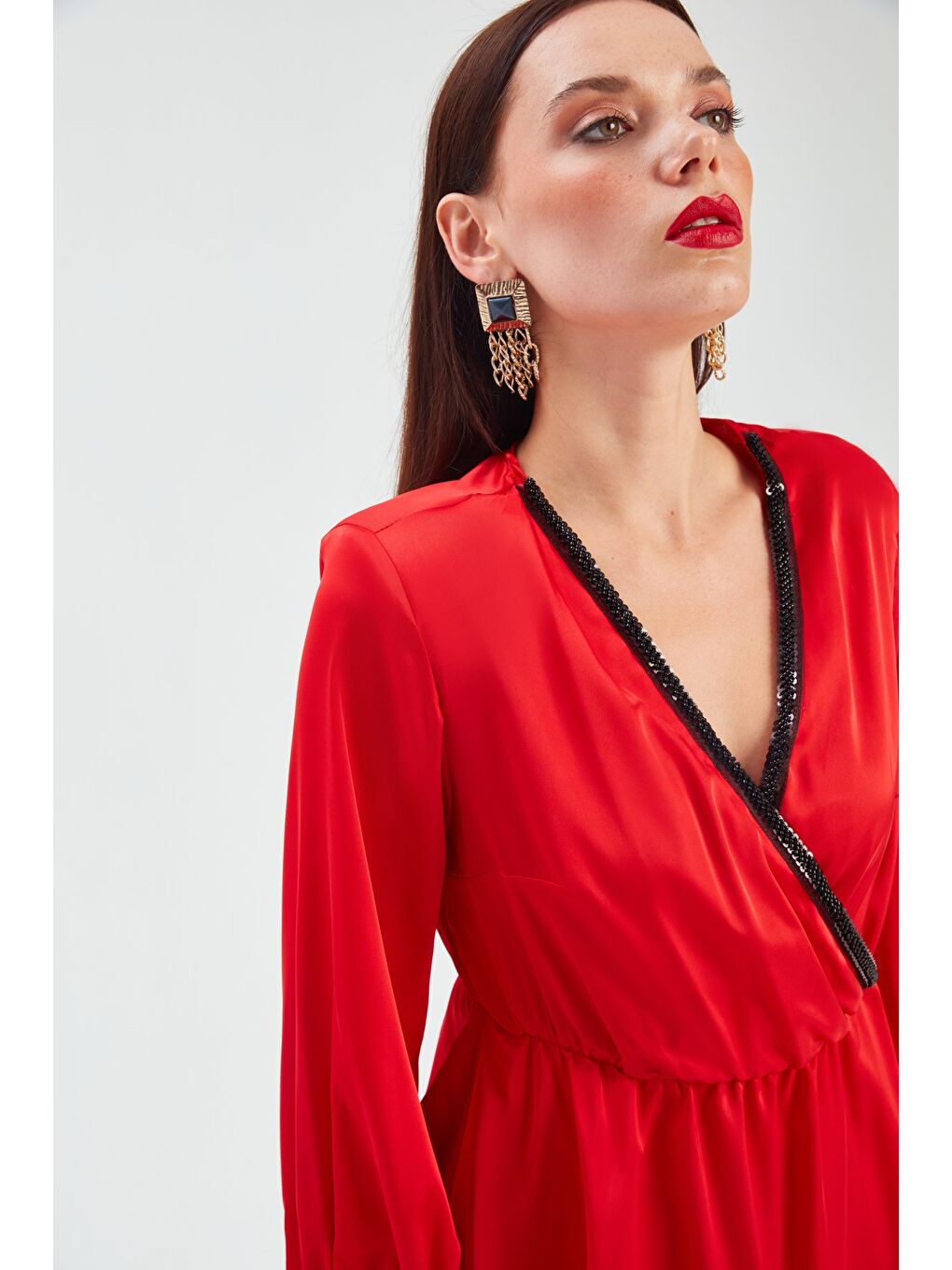 Yaka Detaylı Kruvaze Bluz - Kırmızı-3