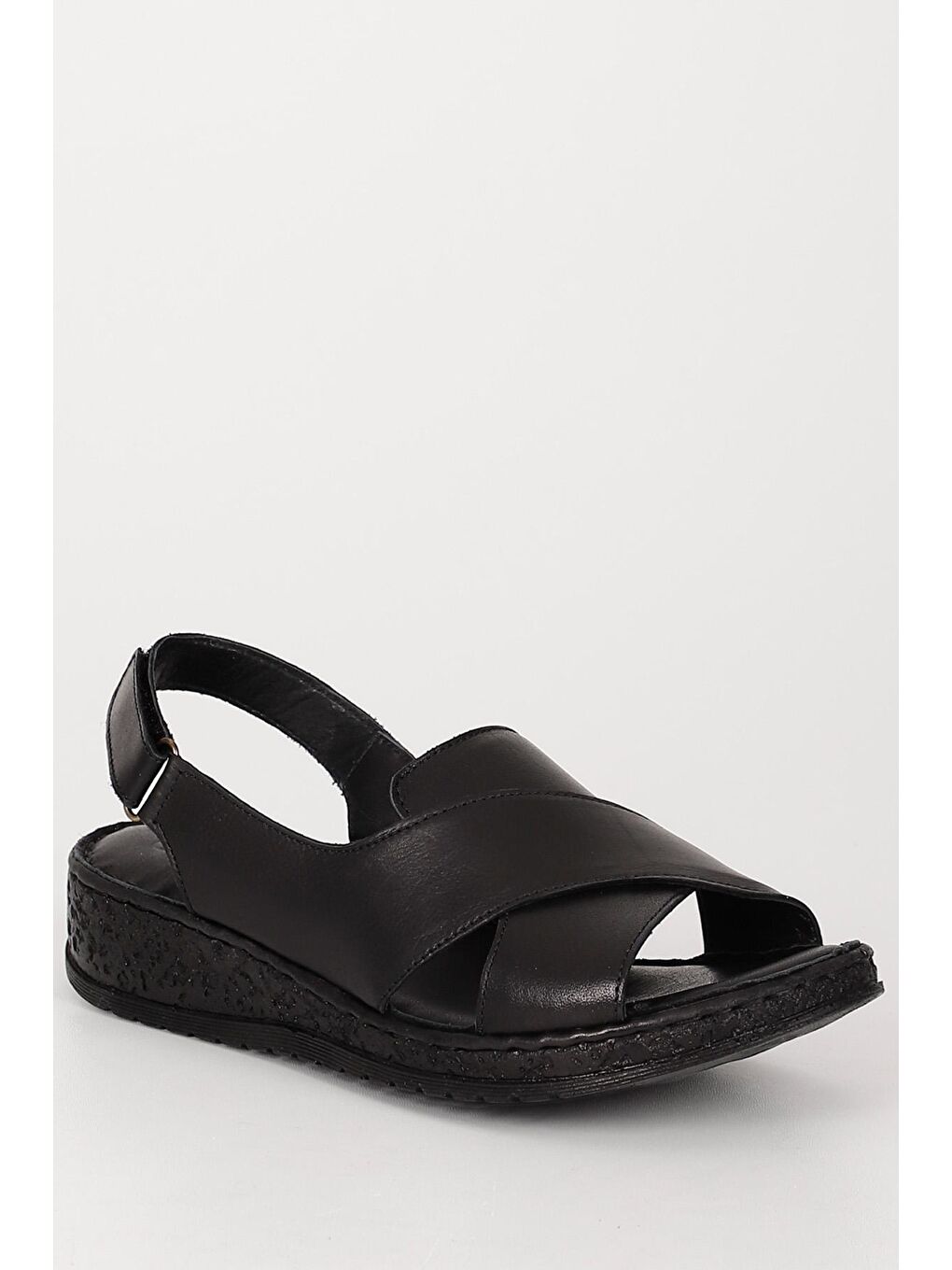 Siyah Hakiki Deri Dolgu Taban Sandalet 45836-4