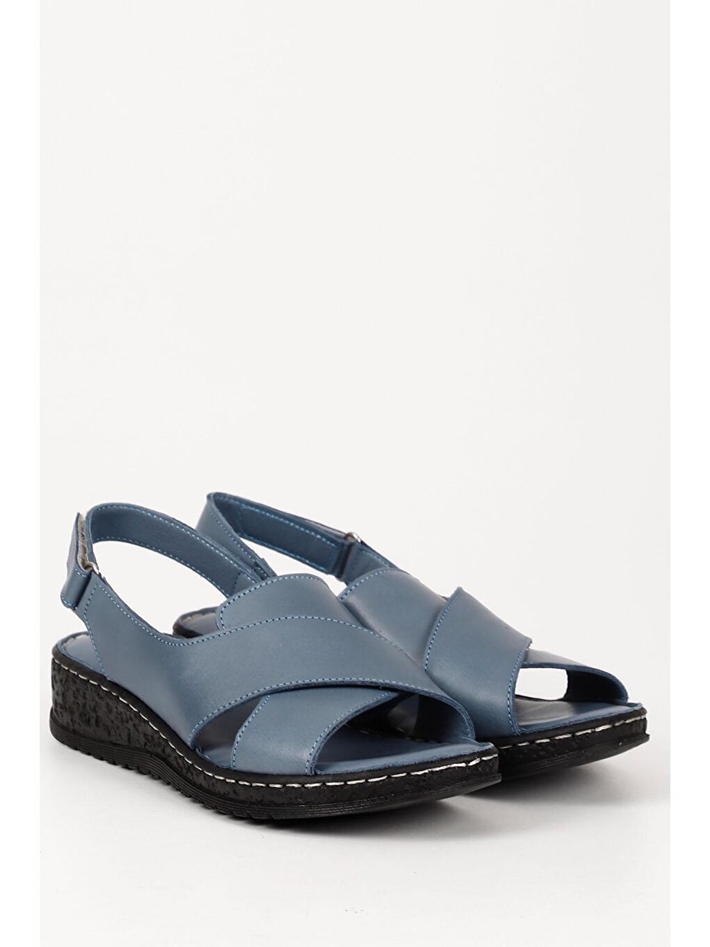 Mavi Hakiki Deri Dolgu Taban Sandalet 45836-4