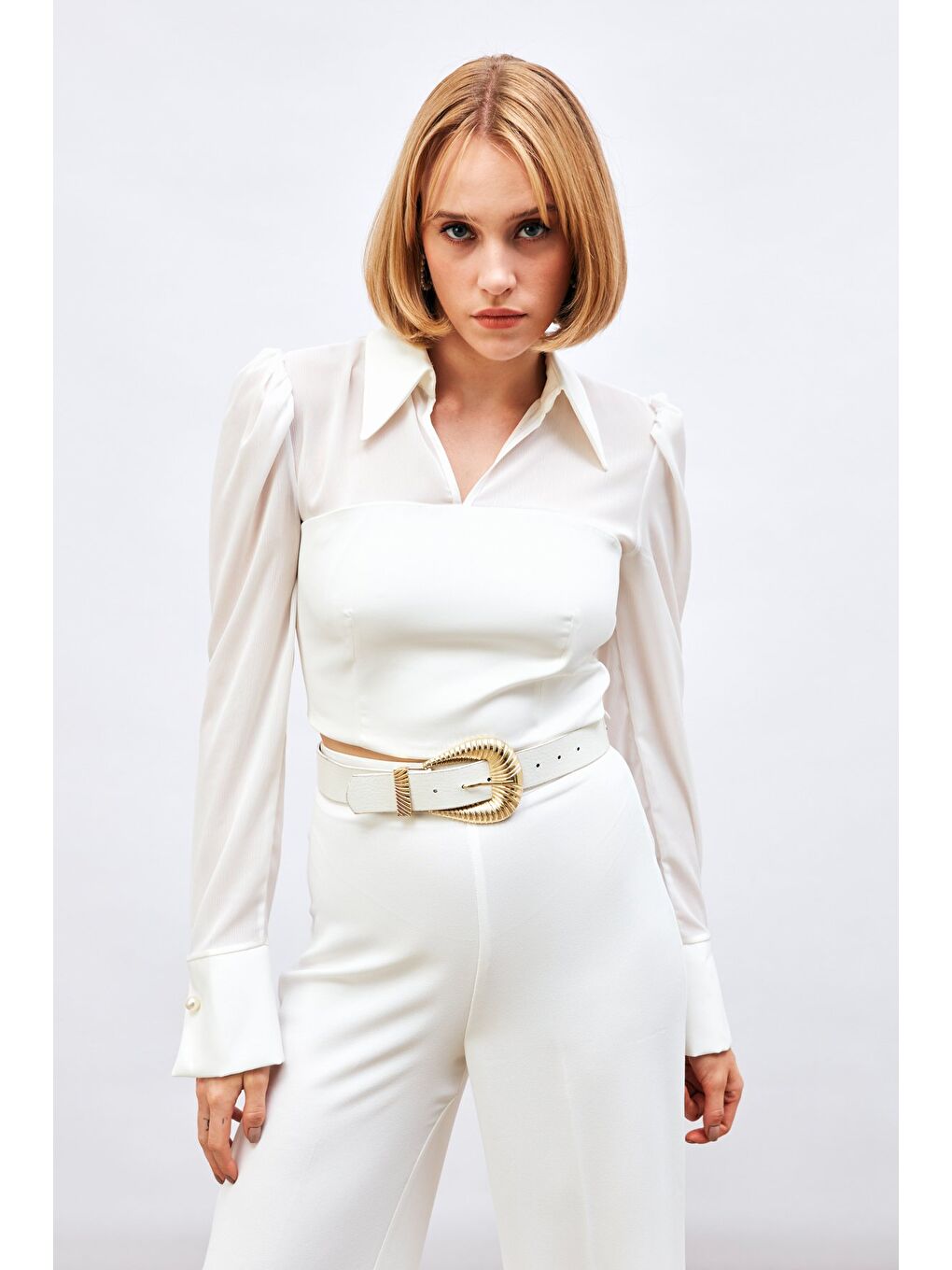 İncili Kol Detaylı Bluz - Ekru