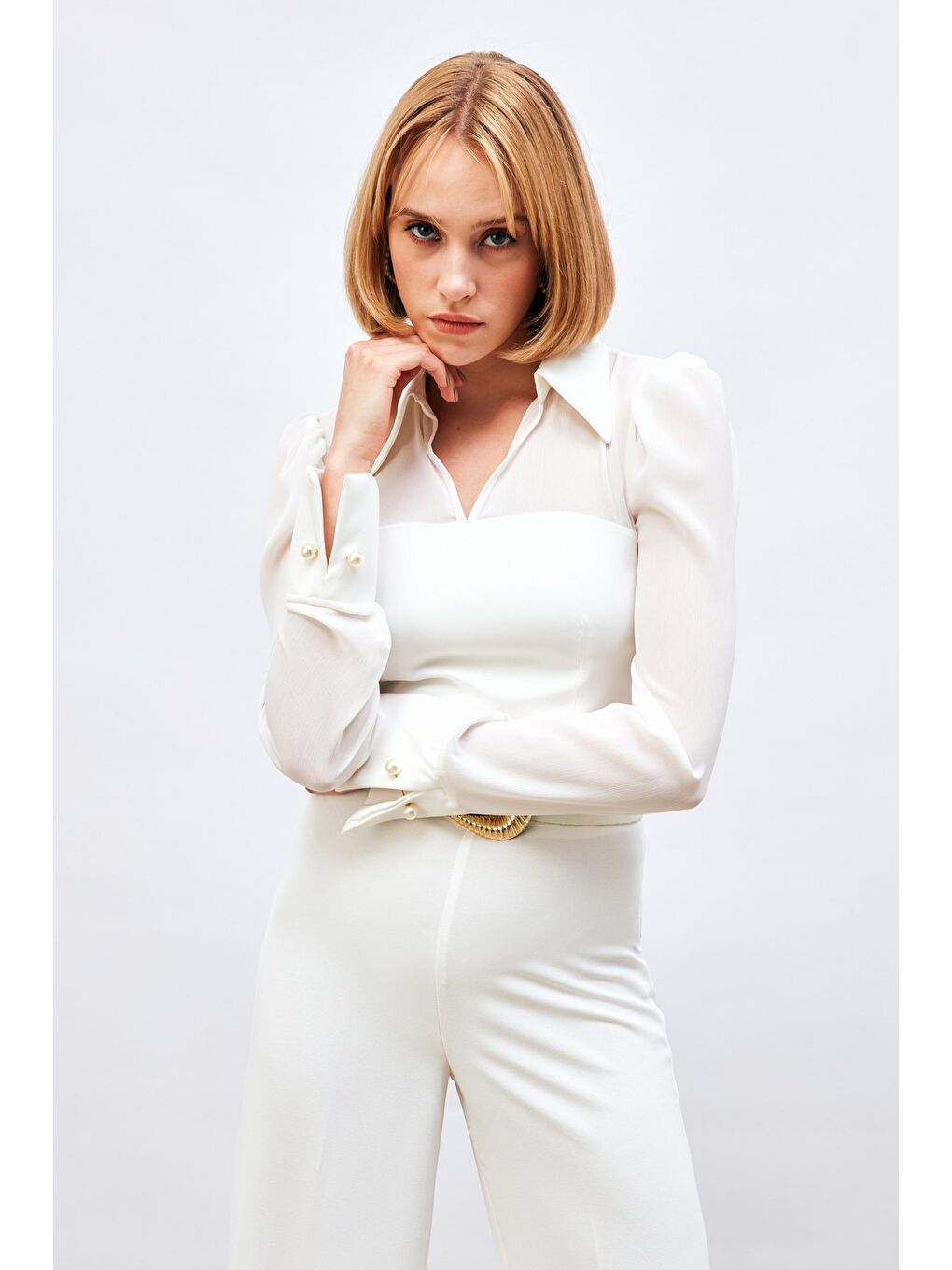 İncili Kol Detaylı Bluz - Ekru-2