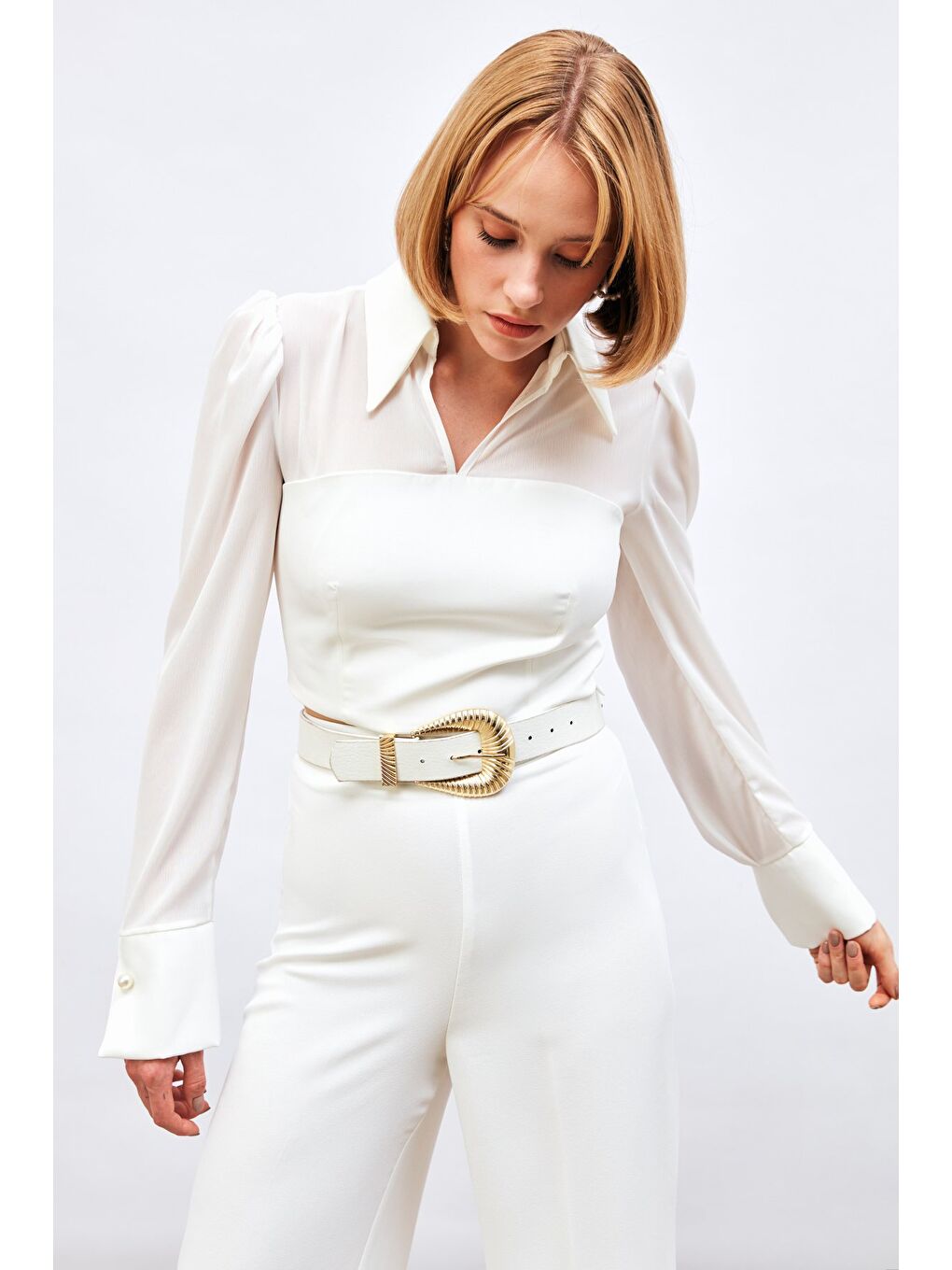 İncili Kol Detaylı Bluz - Ekru-3
