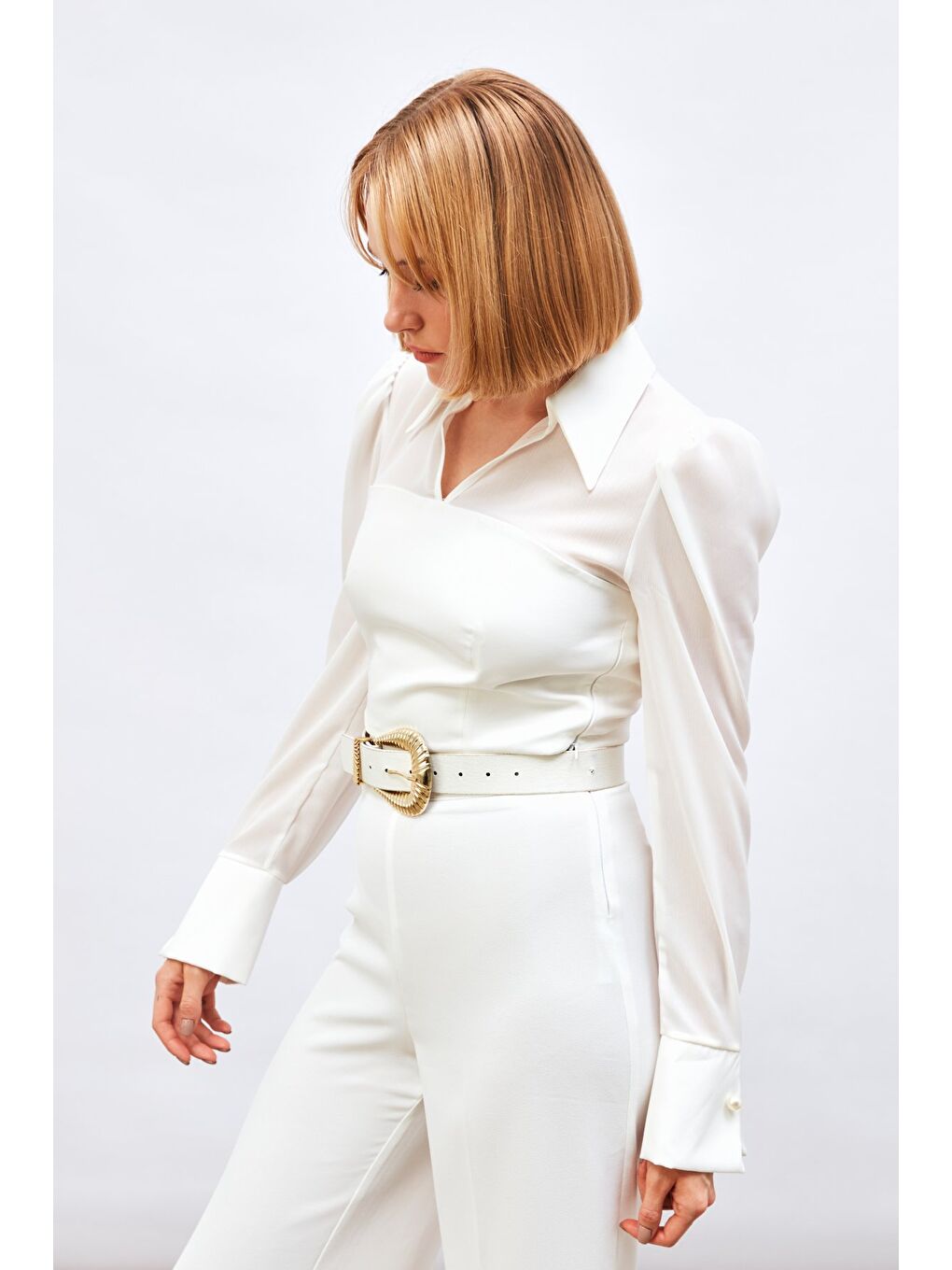 İncili Kol Detaylı Bluz - Ekru-4