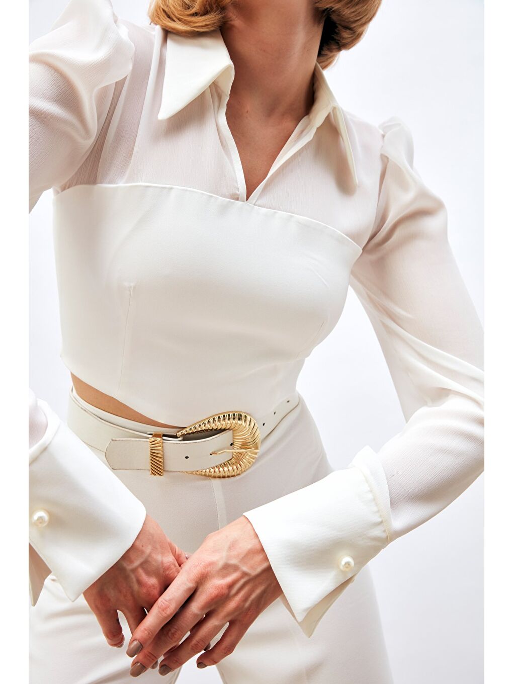 İncili Kol Detaylı Bluz - Ekru-5